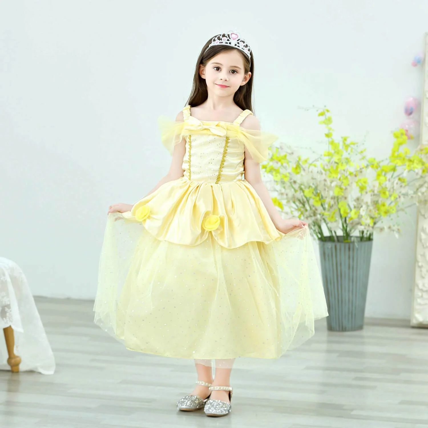 Princess Girls Costume Shining Sequin Overlay Party Dress Off Shoulder Layered Dress - Image 8