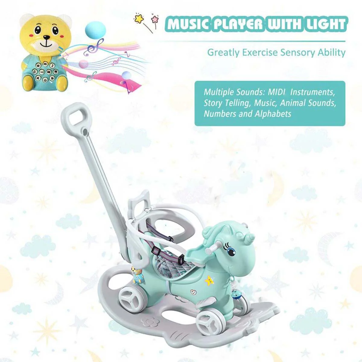 4-in-1 Baby Rocking Horse Cute Unicorn Toddler Ride Toy Detachable Push Handle Sliding Car For Boys Girls - Image 7