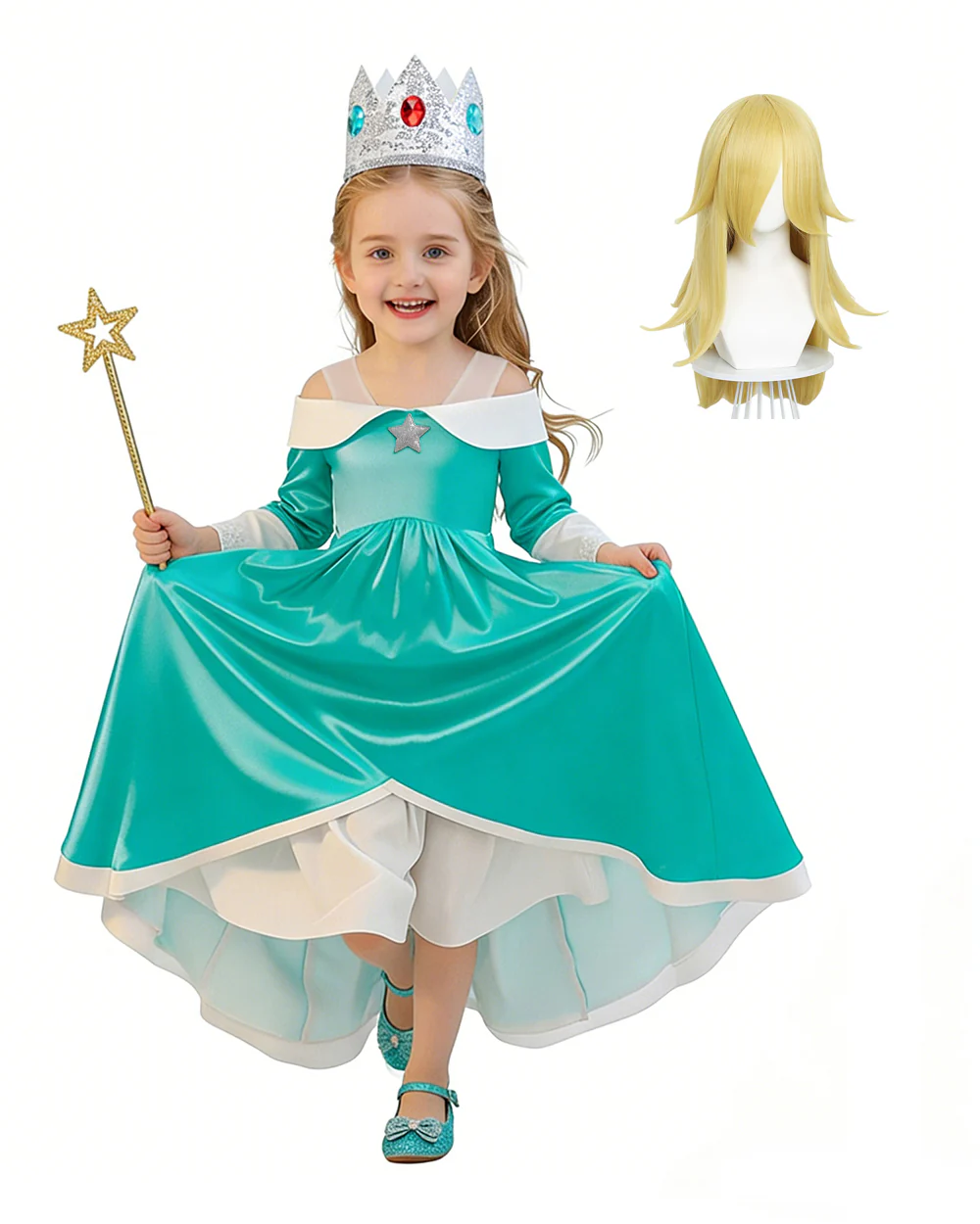 Rosalina Princess Costume Turquoise Satin Off-shoulder Ball Gown with Silver Star High Low Dress - Image 5