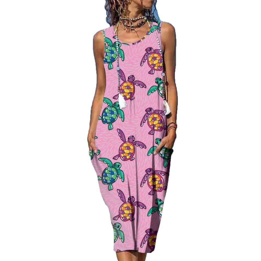 Sea Turtle Print Round Neck Pocket Patched Sleeveless Dress - Image 6
