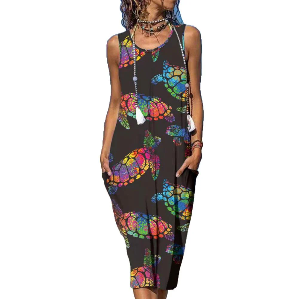 Sea Turtle Print Round Neck Pocket Patched Sleeveless Dress - Image 8