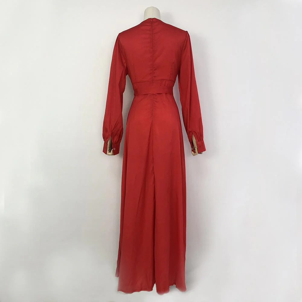 Solid Bishop Sleeve Surplice Front V Neck Split Thigh Belted Maxi Dress - Image 10