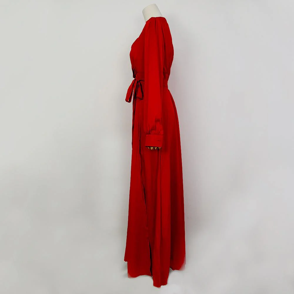 Solid Bishop Sleeve Surplice Front V Neck Split Thigh Belted Maxi Dress - Image 9