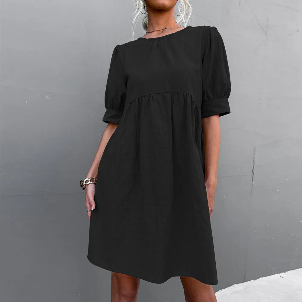 Solid Puff Sleeve Button Back Round Neck Casual Dress - Image 10