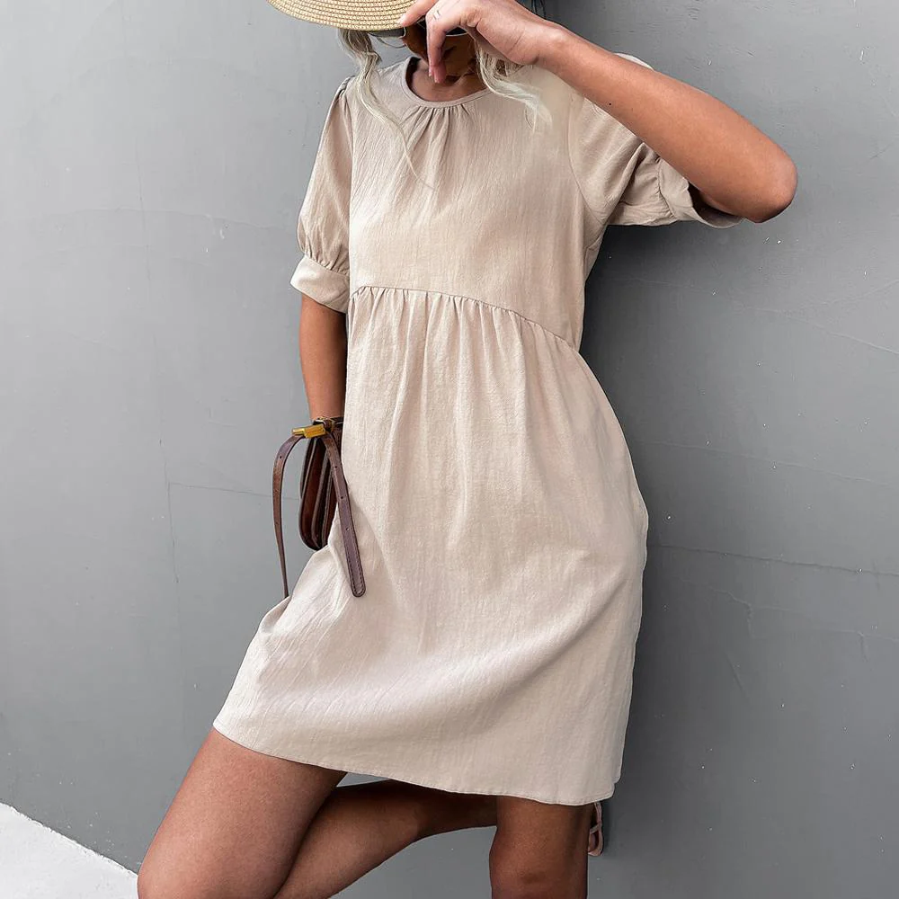 Solid Puff Sleeve Button Back Round Neck Casual Dress - Image 11
