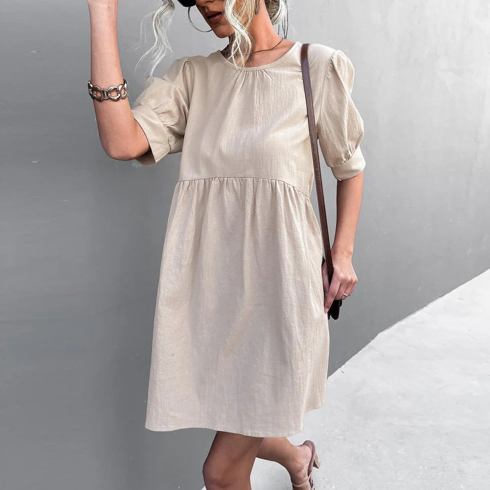 Solid Puff Sleeve Button Back Round Neck Casual Dress - Image 12