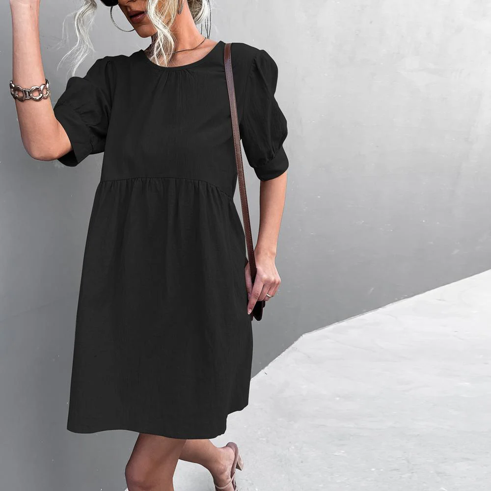 Solid Puff Sleeve Button Back Round Neck Casual Dress - Image 2
