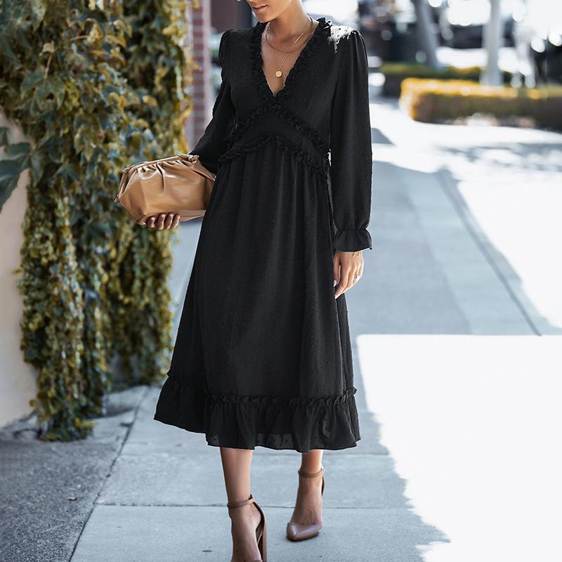Solid Swiss Dot Mesh Flounce Sleeve Lettuce Trim V Neck Chiffon Dress - Image 10