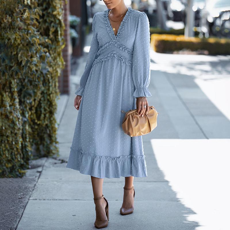 Solid Swiss Dot Mesh Flounce Sleeve Lettuce Trim V Neck Chiffon Dress - Image 14