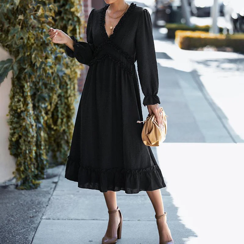 Solid Swiss Dot Mesh Flounce Sleeve Lettuce Trim V Neck Chiffon Dress - Image 2