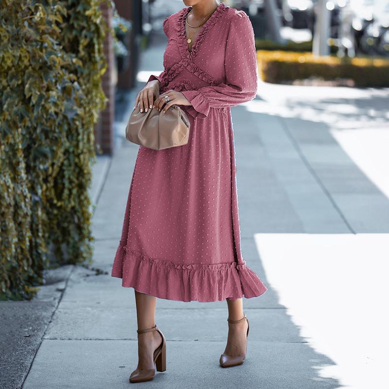 Solid Swiss Dot Mesh Flounce Sleeve Lettuce Trim V Neck Chiffon Dress - Image 6