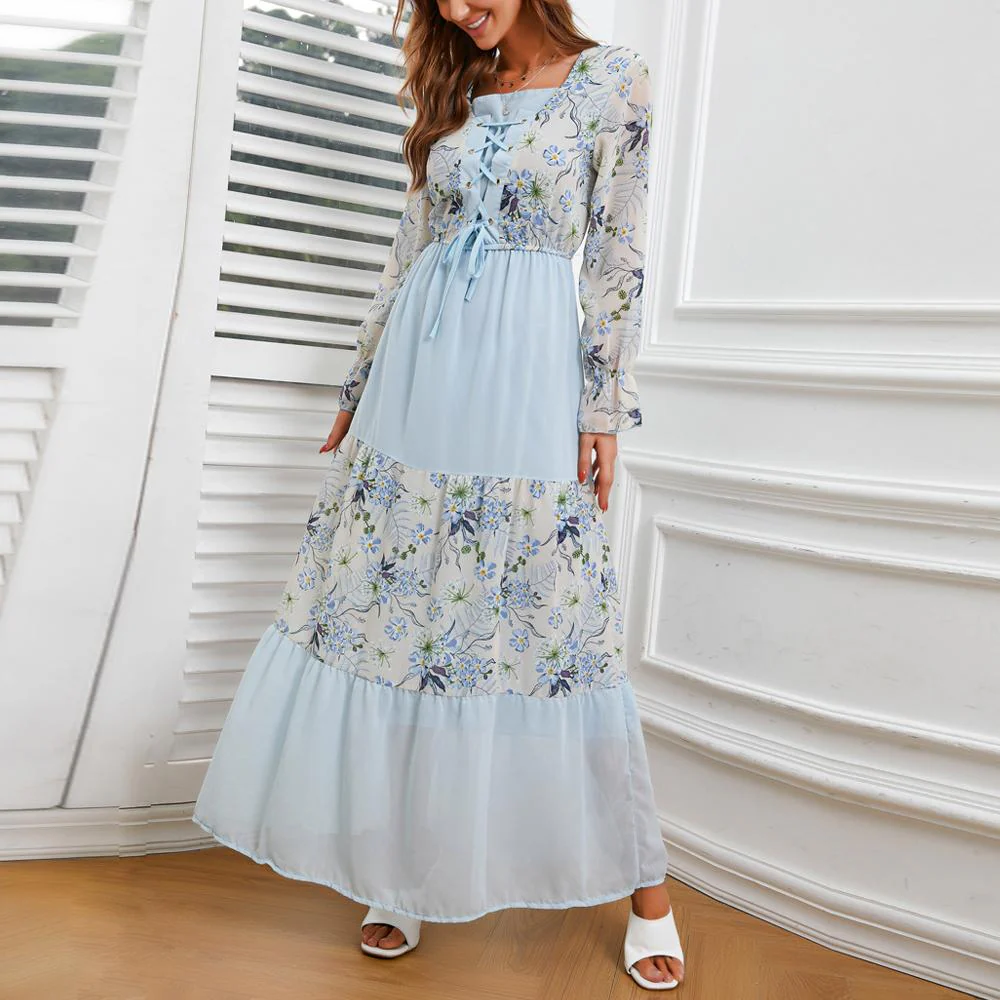 Square Neck Floral Print Lace up Front Flounce Sleeve Patchwork Maxi Dress - Image 2
