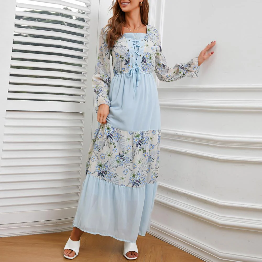 Square Neck Floral Print Lace up Front Flounce Sleeve Patchwork Maxi Dress - Image 3