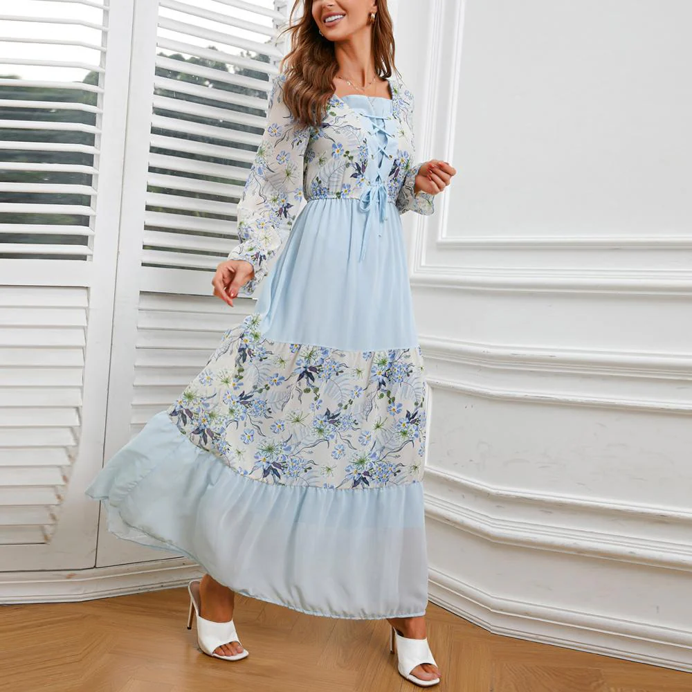 Square Neck Floral Print Lace up Front Flounce Sleeve Patchwork Maxi Dress - Image 4