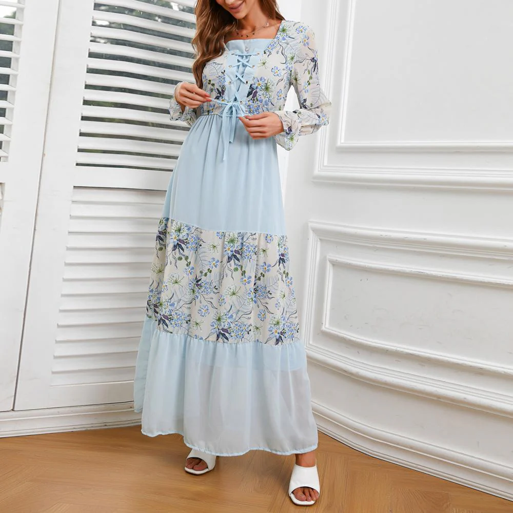 Square Neck Floral Print Lace up Front Flounce Sleeve Patchwork Maxi Dress - Image 5