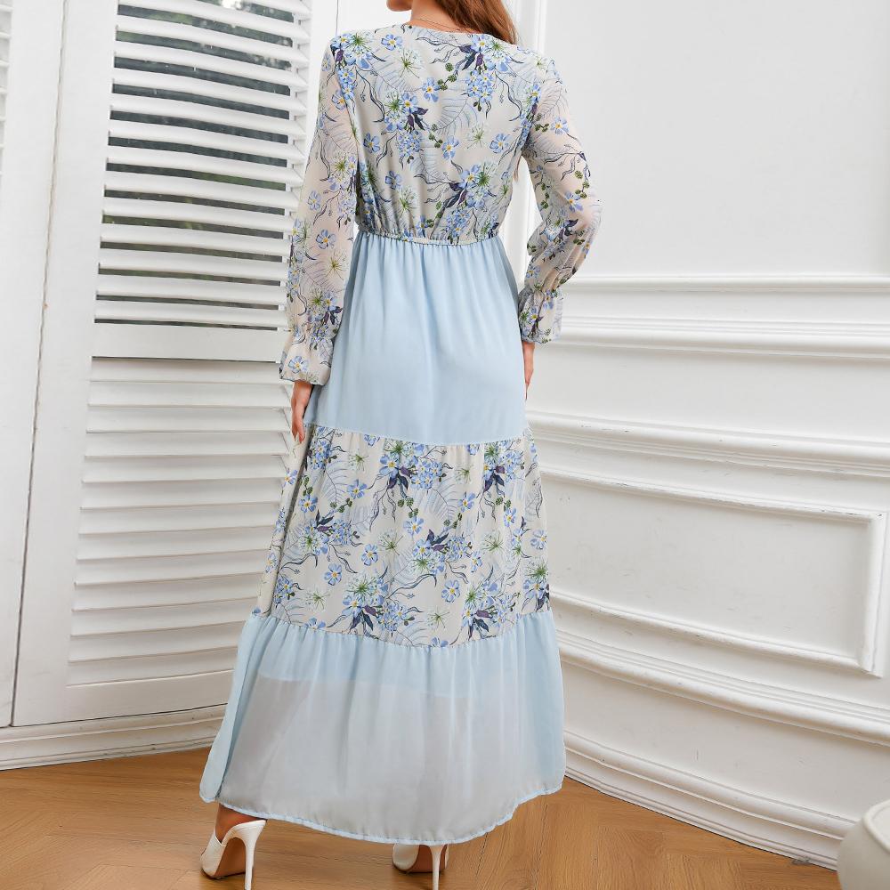 Square Neck Floral Print Lace up Front Flounce Sleeve Patchwork Maxi Dress - Image 7