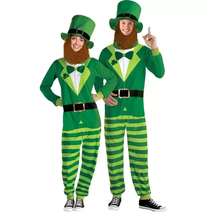 St Patricks Day Outfit Adult Leprechaun Costume Paddys Day Jumpsuit Hat Beard 3pcs Set