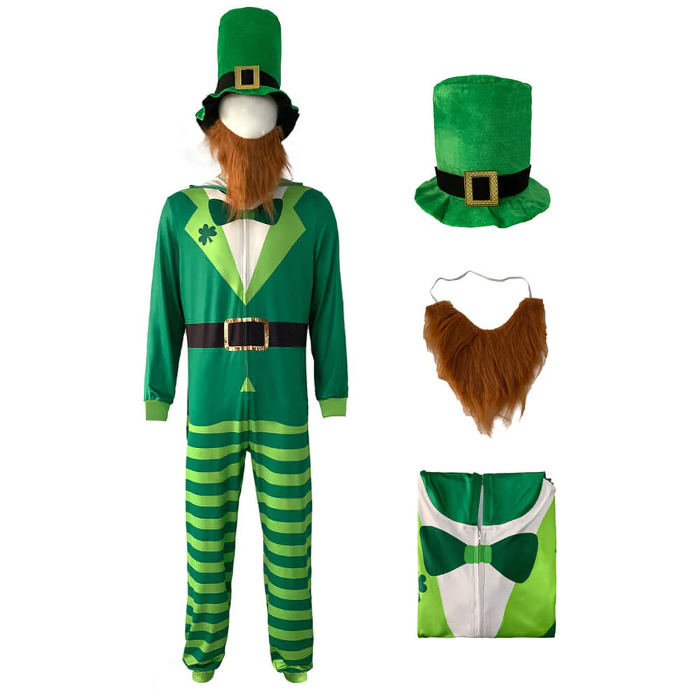 St Patricks Day Outfit Adult Leprechaun Costume Paddys Day Jumpsuit Hat Beard 3pcs Set - Image 5