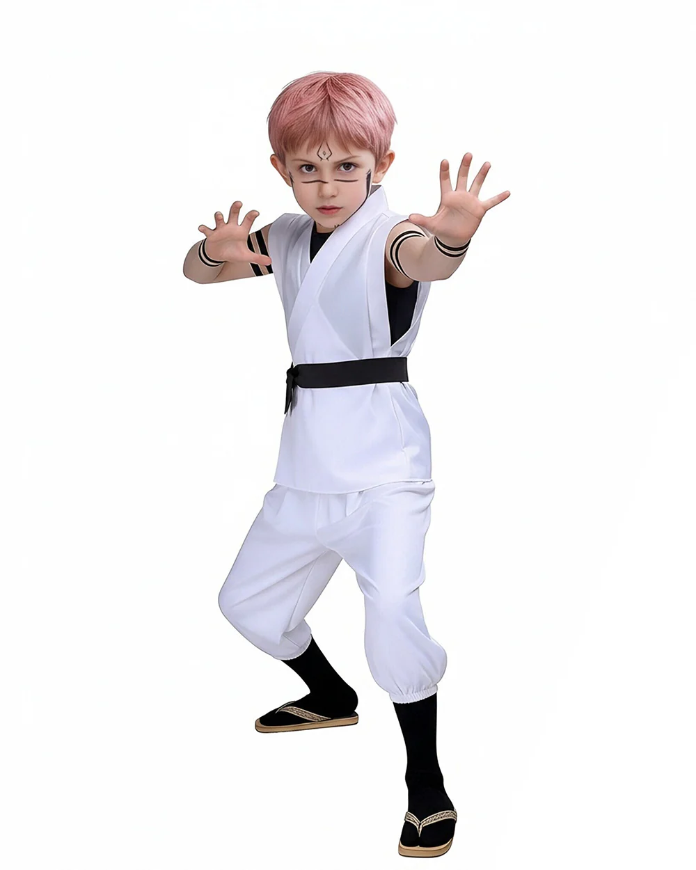 Sukuna Sleeveless Kimono Set White Combat Uniform Tops Pants Vest with Accessories - Image 3