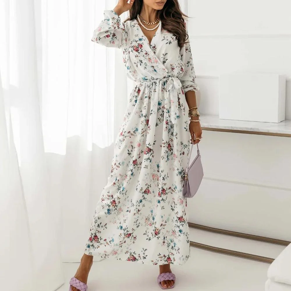 Surplice Neck Self Belted Botanical Print Bishop Sleeve Dress - Image 2