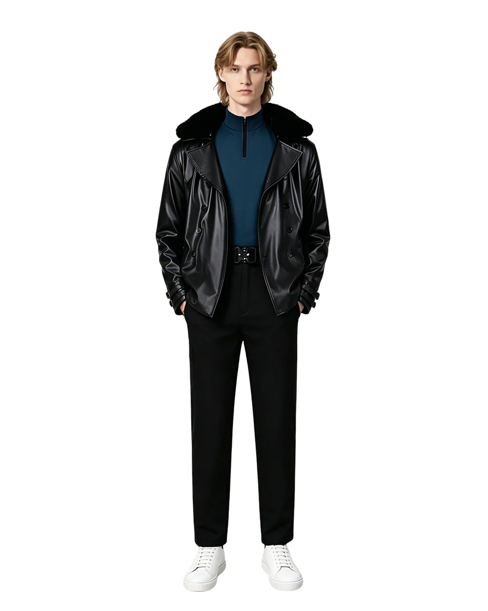 Survival Horror Agent Tactical Outfit Black Leather Coat with Fur Collar Blue Inner Shirt and Pants for Cosplay