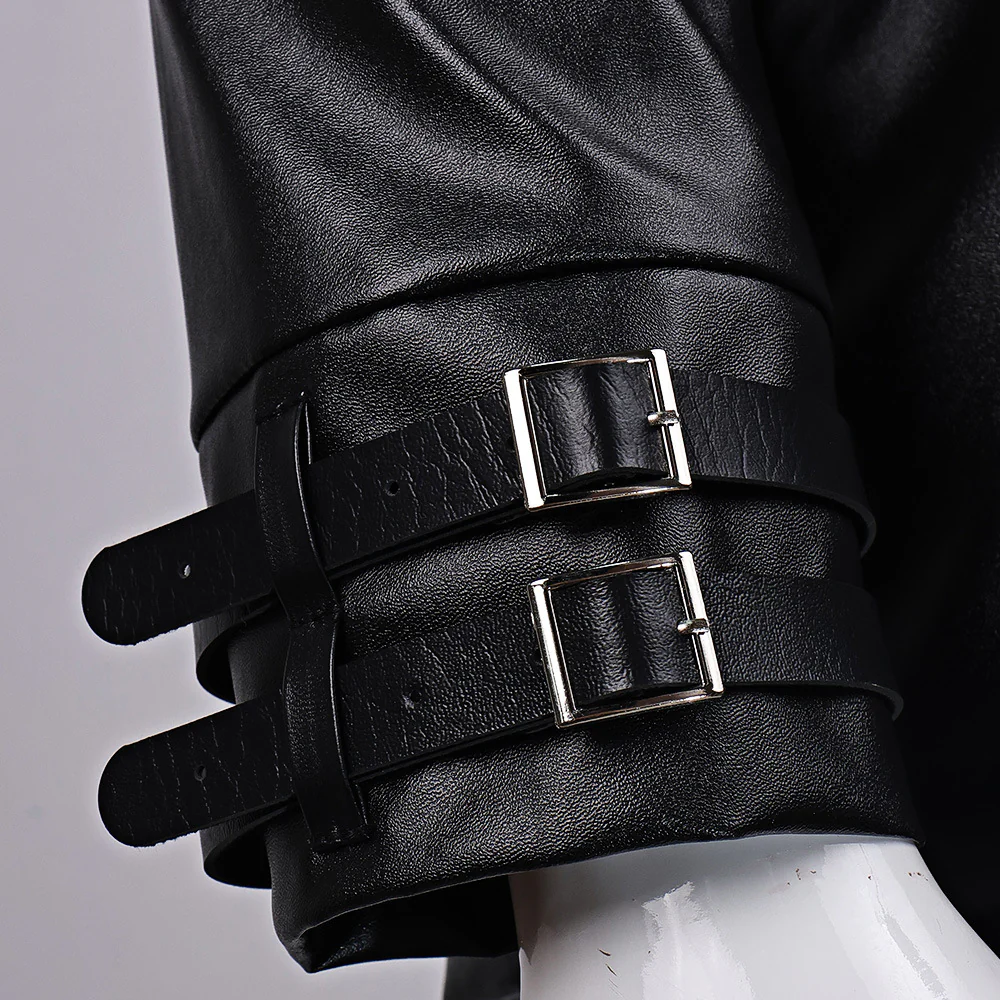 Survival Horror Agent Tactical Outfit Black Leather Coat with Fur Collar Blue Inner Shirt and Pants for Cosplay - Image 10