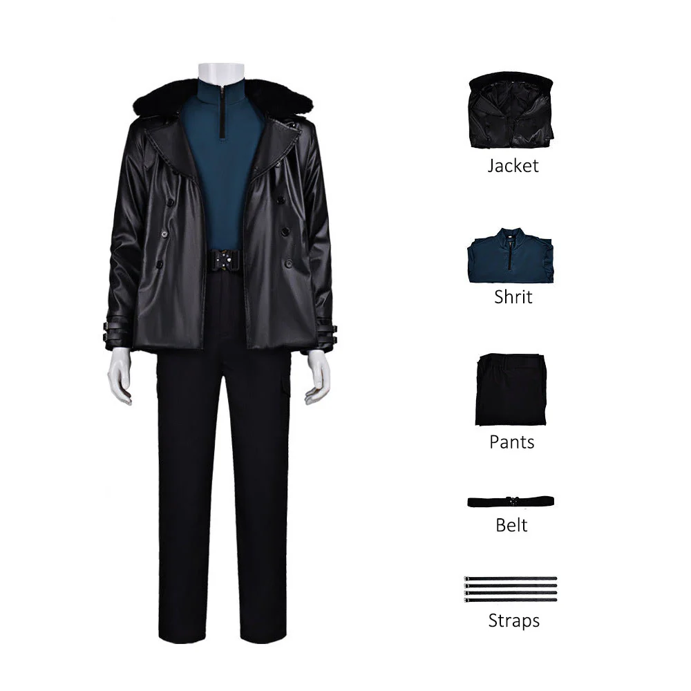 Survival Horror Agent Tactical Outfit Black Leather Coat with Fur Collar Blue Inner Shirt and Pants for Cosplay - Image 14