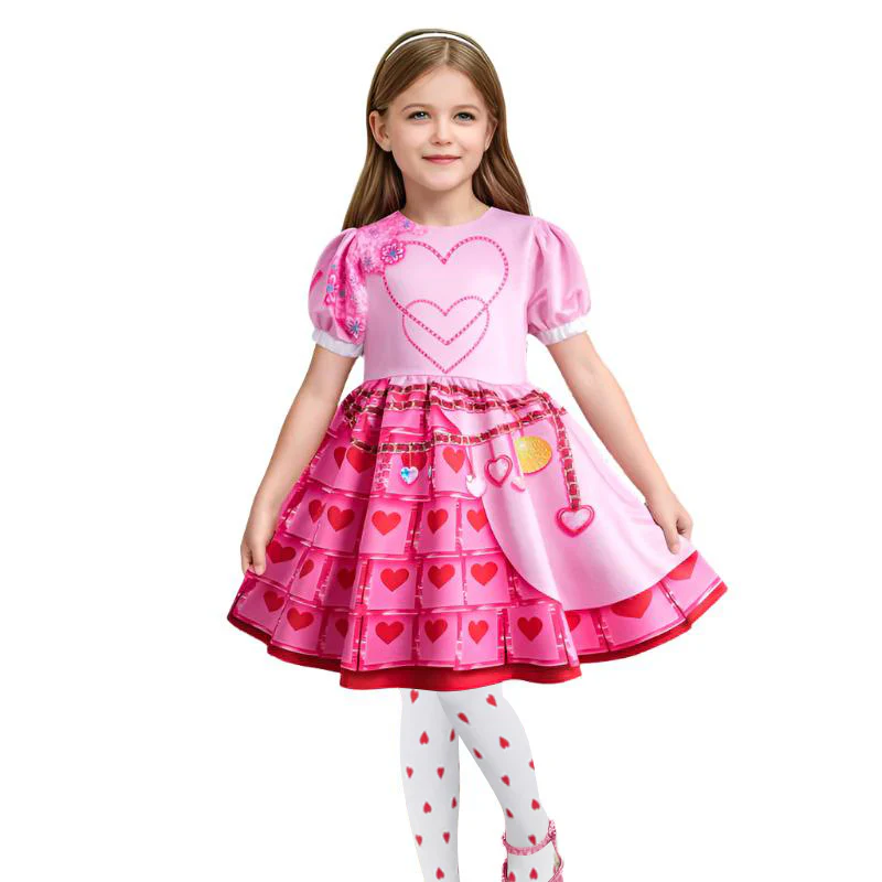 Women Kids Teens Queen of Hearts Costume Pink Princess Bridget Outfit Wig and Stocking - Image 11