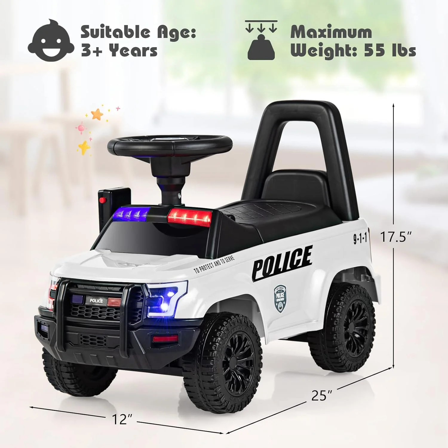 Toddler Ride On Car Police Push Car Foot-to-Floor Sliding Toy with Light Under Seat Storage Holiday Toy - Image 9