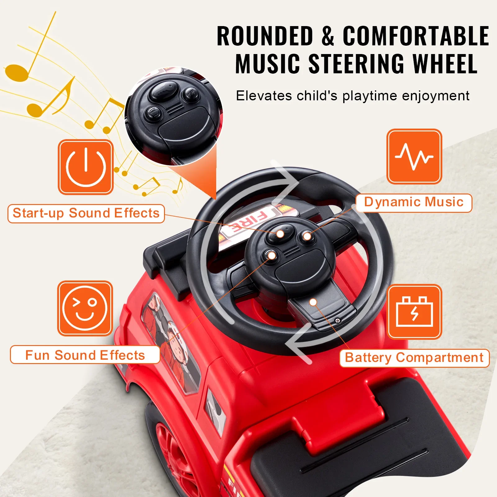 Toddler Ride On Push Car with Music Steering Wheel Red Sliding Car Holiday Toys - Image 4