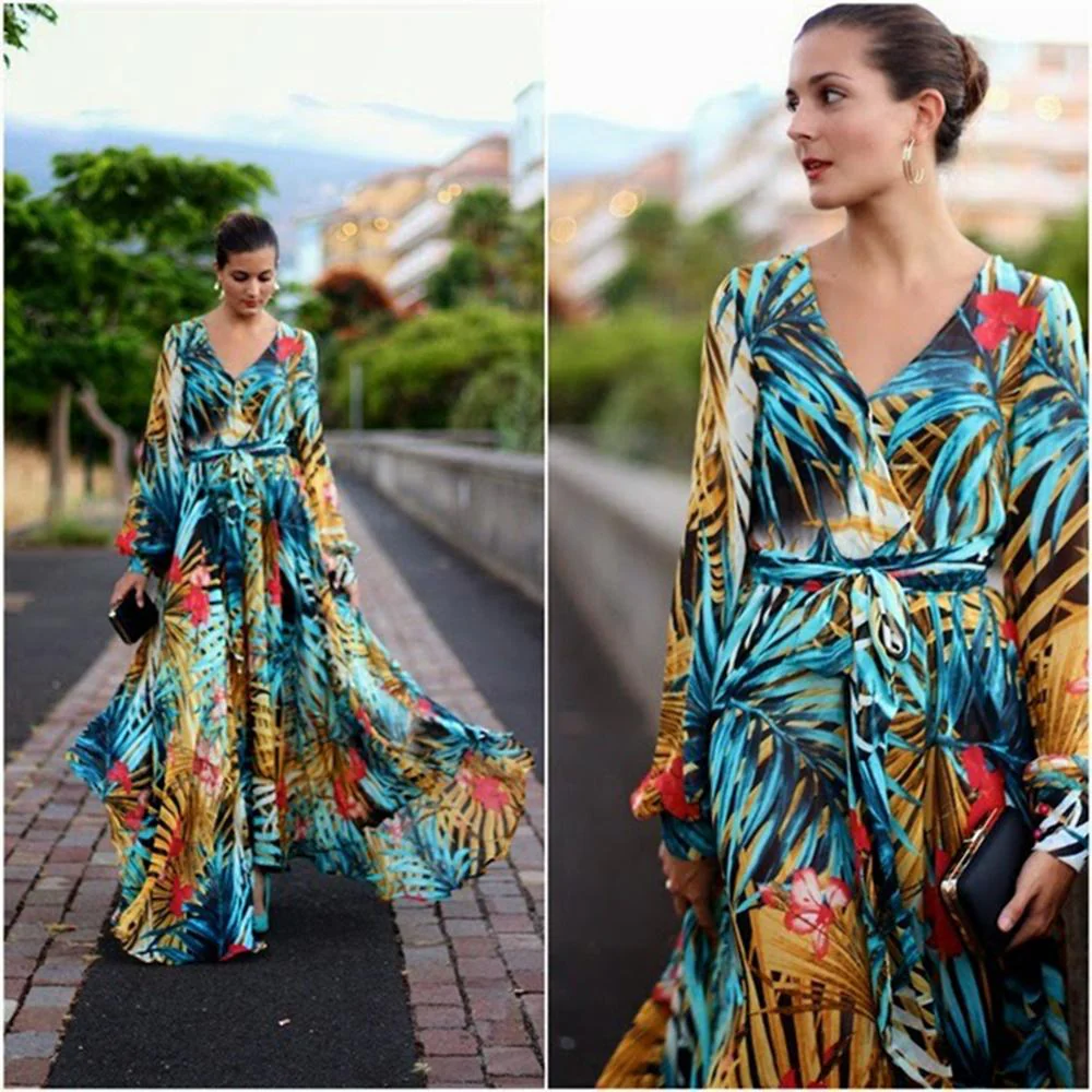Tropical Leaves & Floral Print Lantern Sleeve V Neck Belted Maxi Dress - Image 7