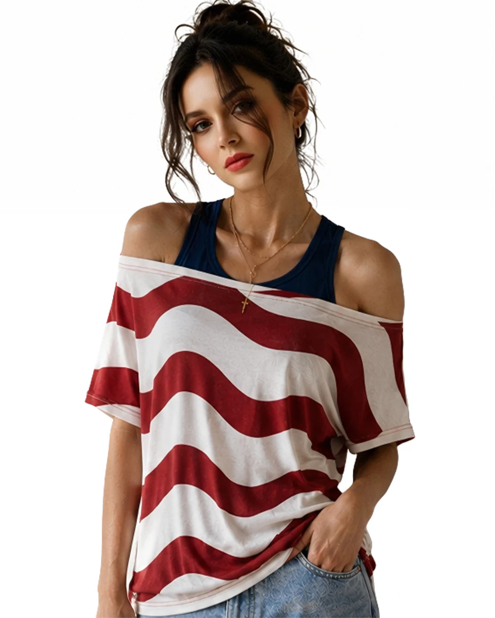 US Women's Soccer Team Jersey Red White and Blue Striped 2in1 T-Shirt for Sports Fan Parties Outdoor Music Festival - Image 2