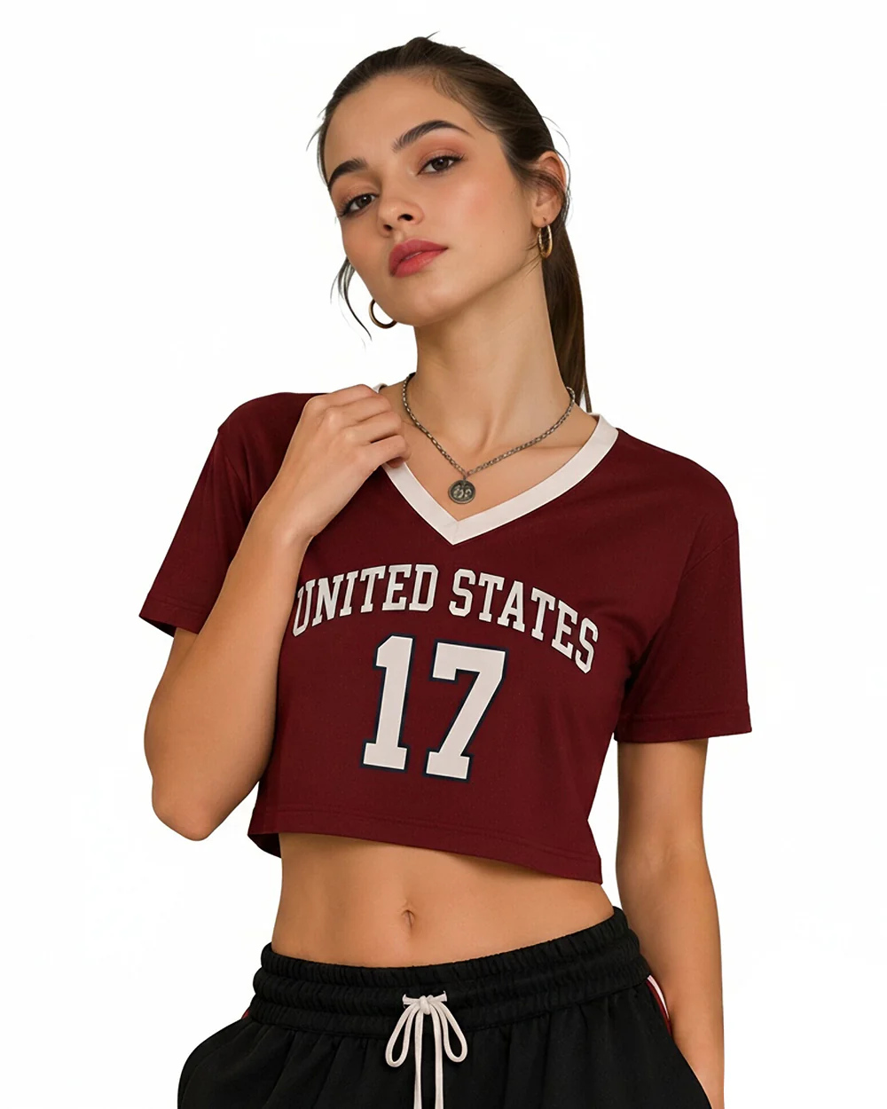 USA Womens Shirts Burgundy V-neck Cropped Jersey with Custom Number for Football Game Night Tailgating - Image 2
