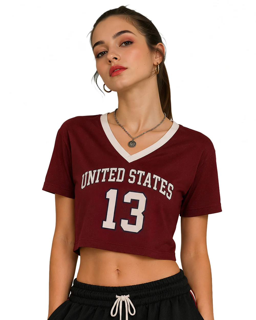 USA Womens Shirts Burgundy V-neck Cropped Jersey with Custom Number for Football Game Night Tailgating - Image 6