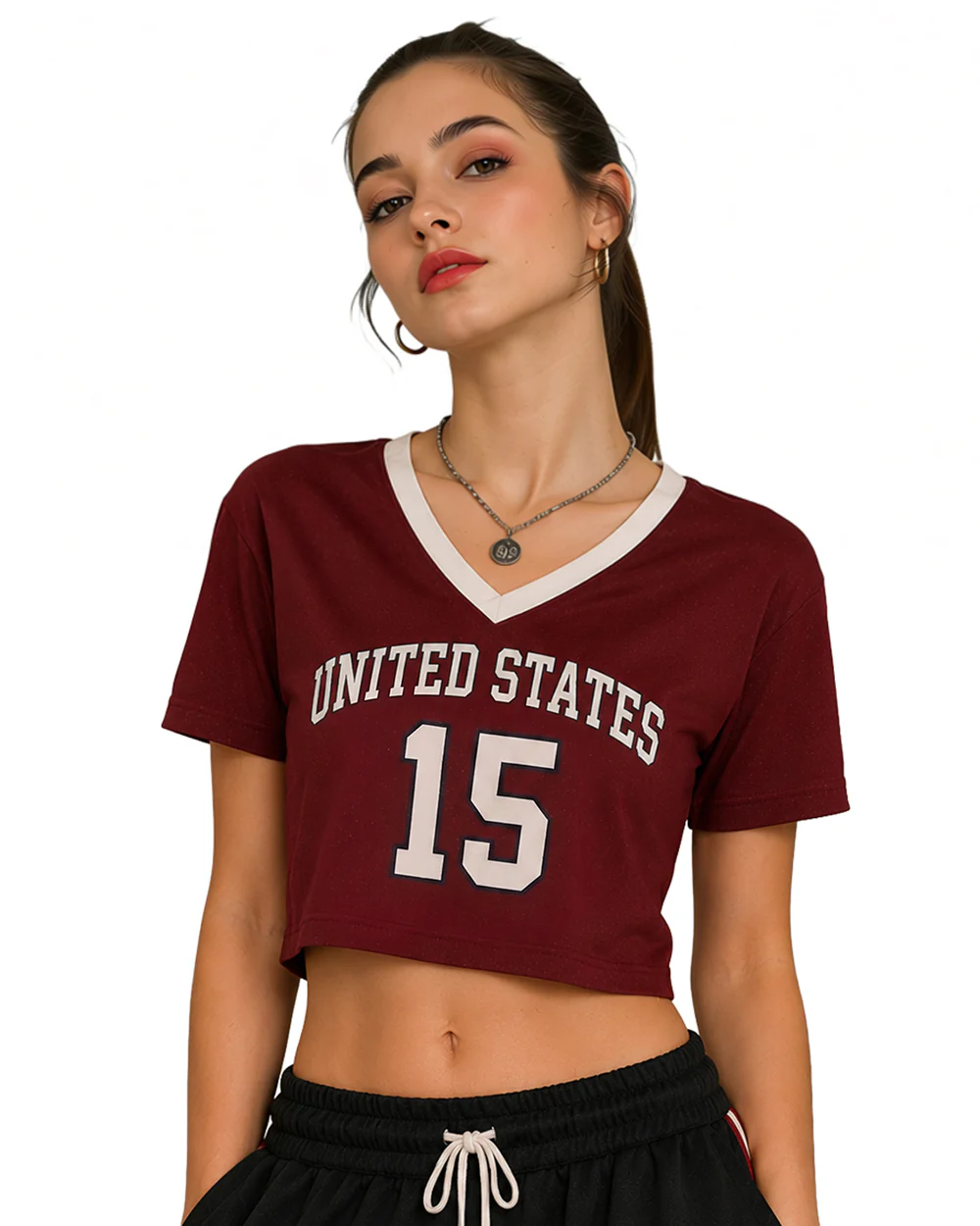 USA Womens Shirts Burgundy V-neck Cropped Jersey with Custom Number for Football Game Night Tailgating - Image 8
