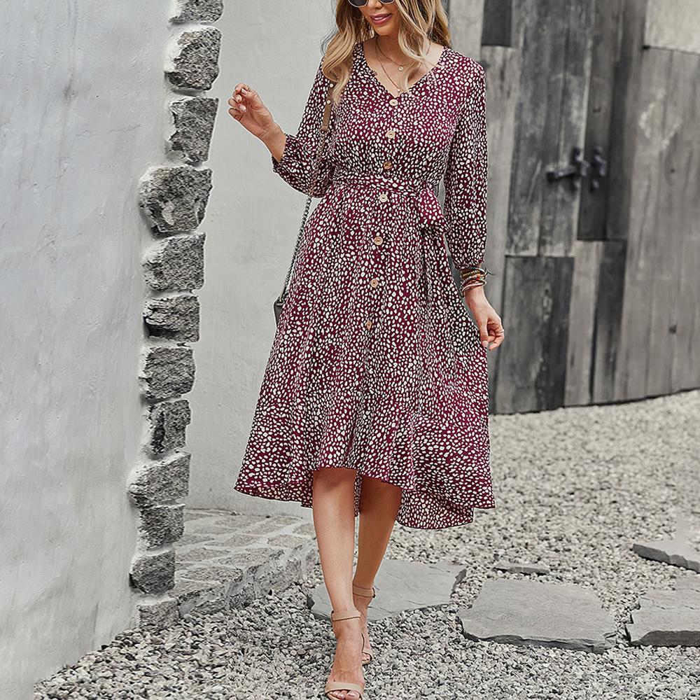 V Neck Polka Dot Print Long Sleeve High Low Hem Belted Dress - Image 7