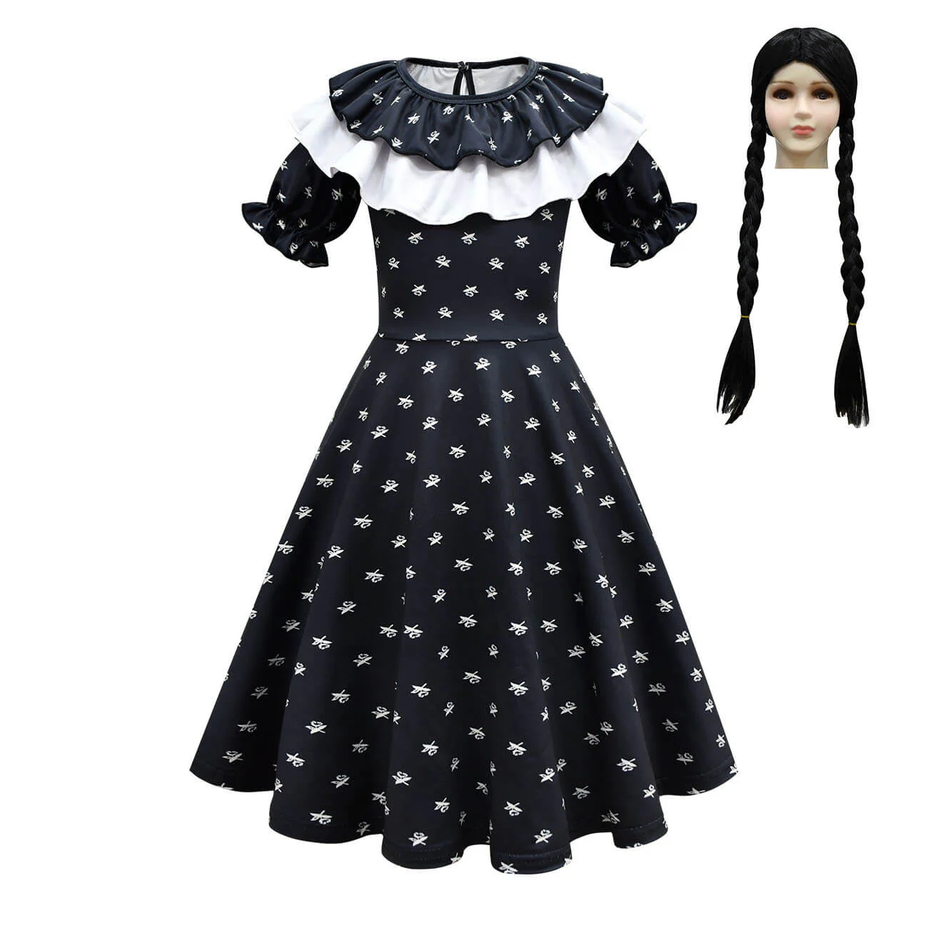 Wednesday Addams Dress Girls Wednesday Costume with Wig Gloves Bag for Cosplay - Image 4
