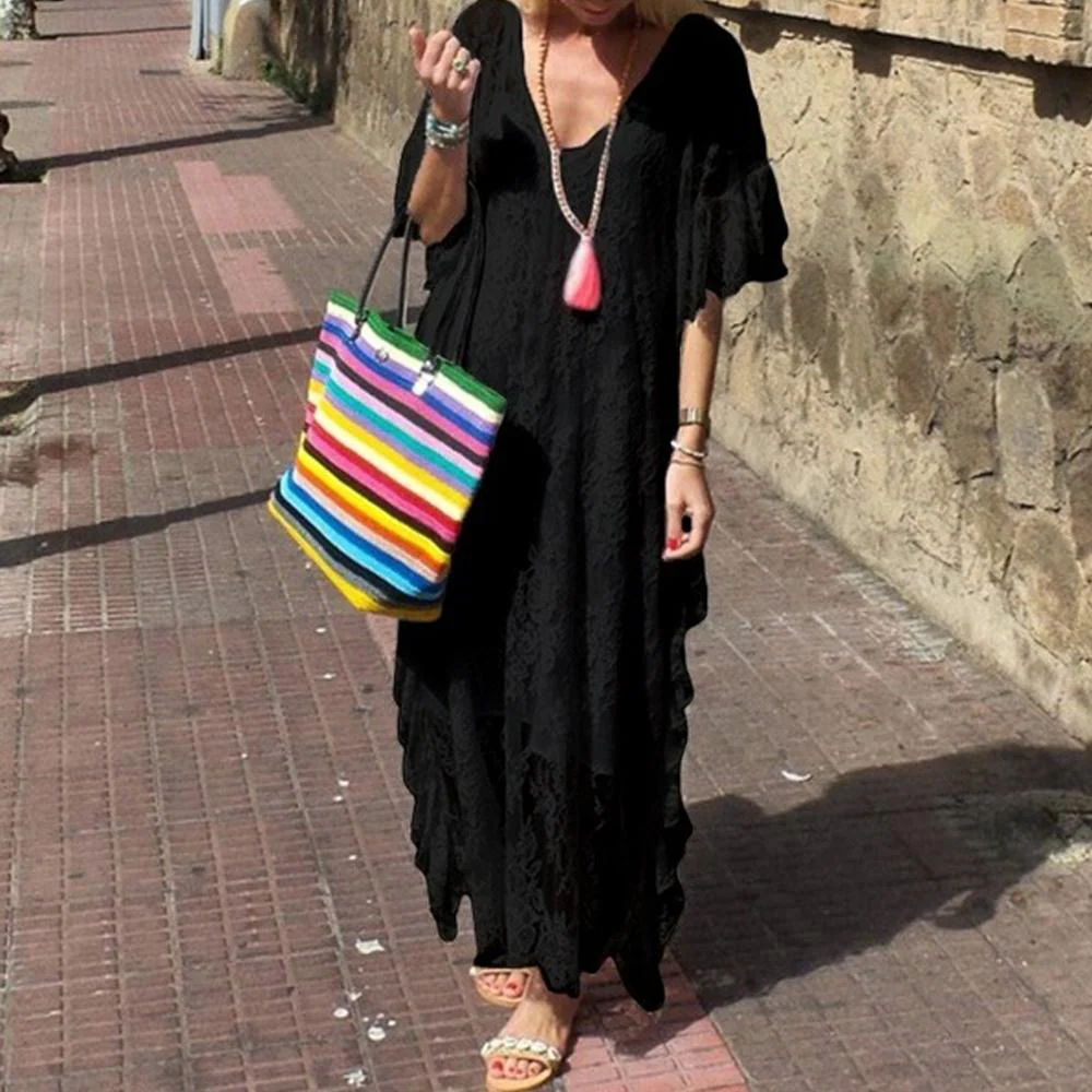 White & Black Flounce Sleeve V Neck Sheer Lace Ruffle Trim Dress - Image 2