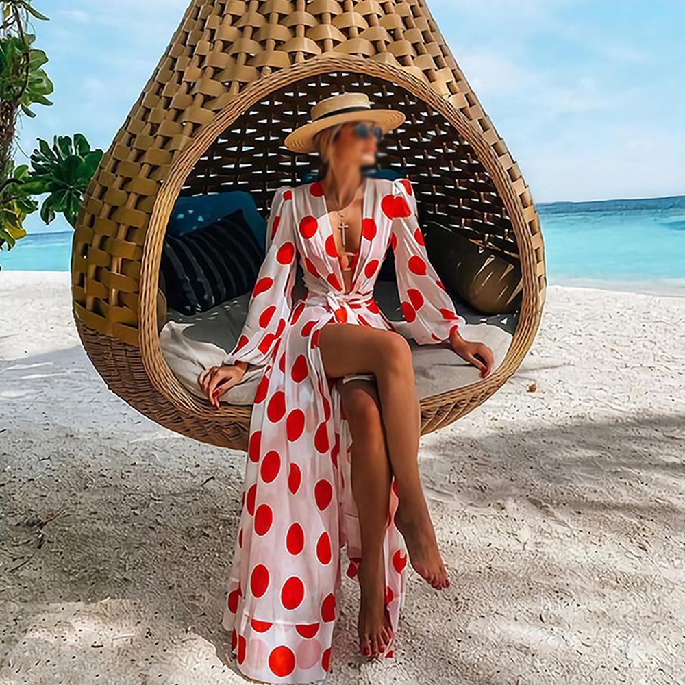 White Deep V Neck Red Polka Dot Lantern Sleeve Belted Long Dress - Image 2