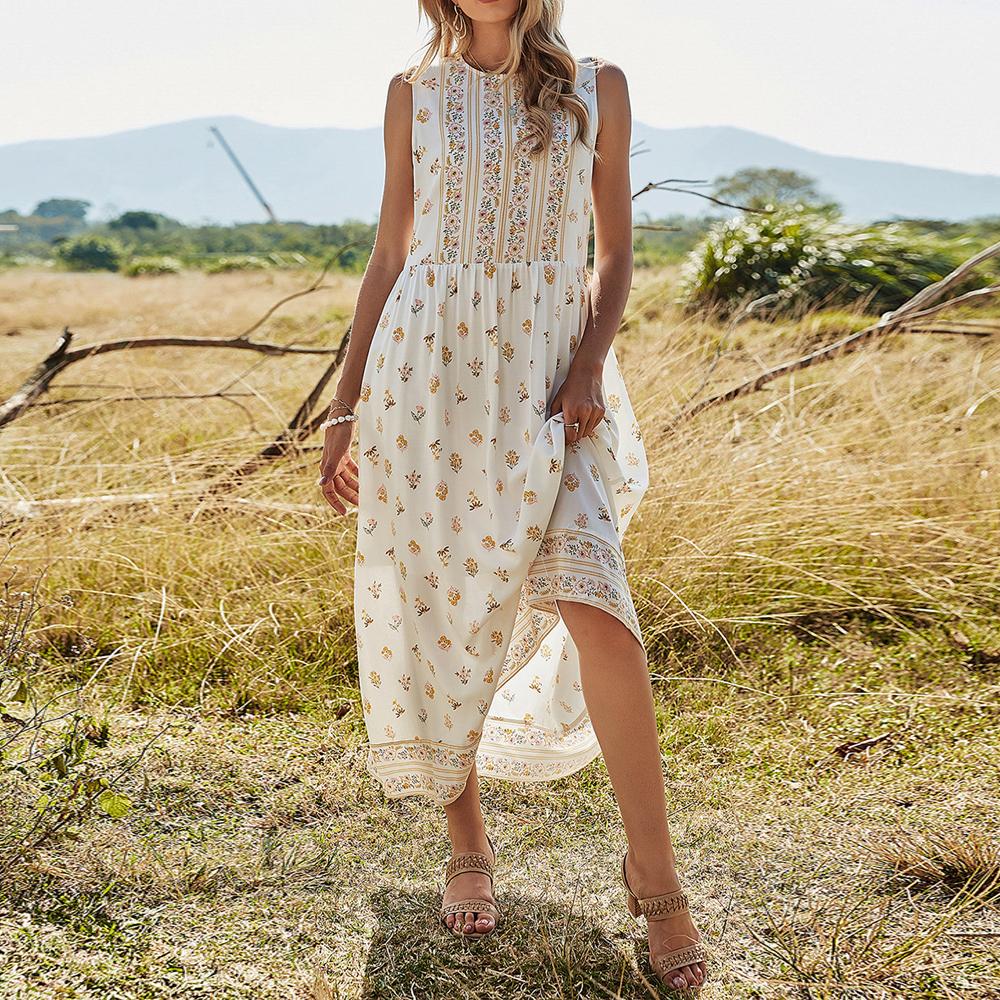White Ditsy Yellow Floral Print Round Neck Sleeveless Long Dress - Image 2