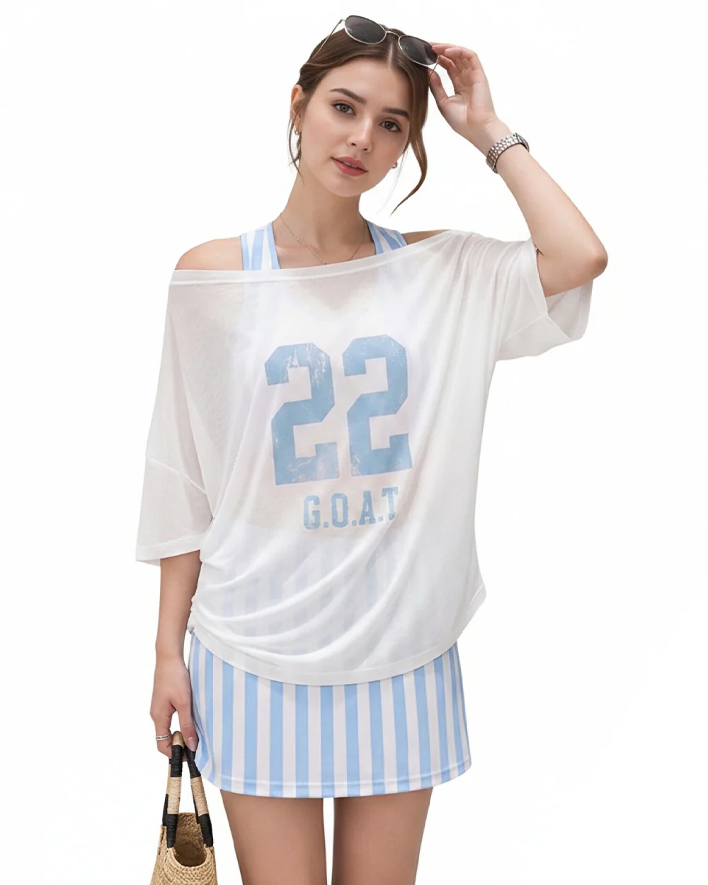 Women Argentina Jersey Off-Shoulder Sky Blue White Shirt and Dress 2pcs Suit for Match Day and Beach Vacation - Image 5