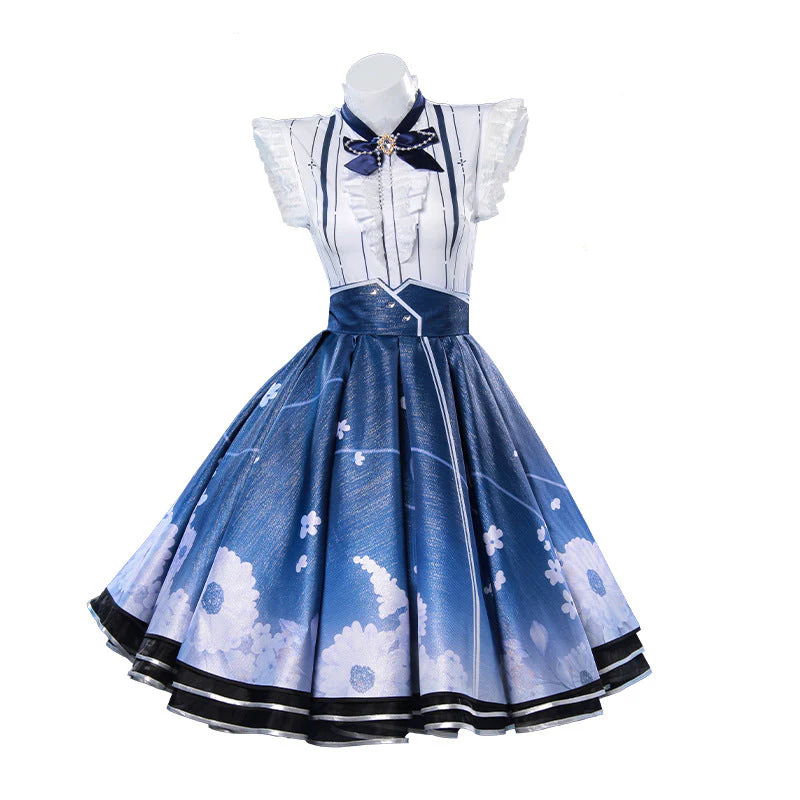 Women Floral Memory Outfit Game Player Cosplay Costume Blue Dress Full Set - Image 2