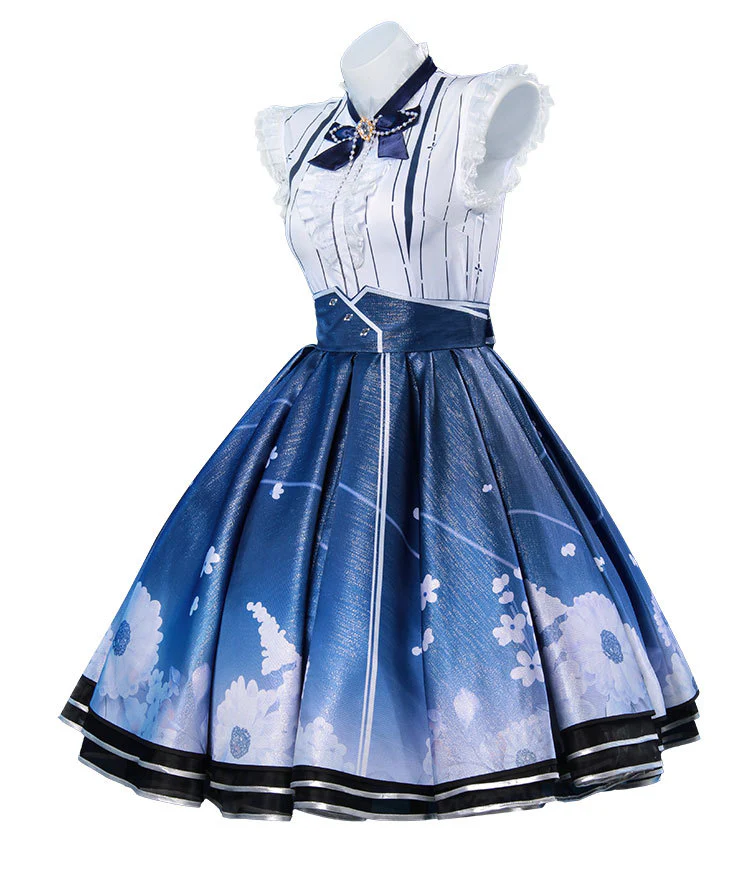 Women Floral Memory Outfit Game Player Cosplay Costume Blue Dress Full Set - Image 3