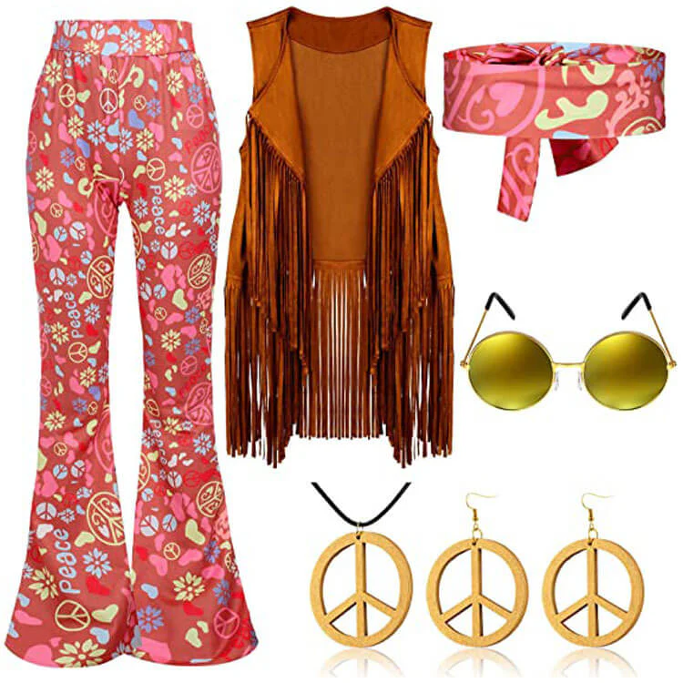 Women Hippie Costume 60s 70s Outfits Disco Fringe Vest Pants and Accessories 6pcs Suit - Image 5