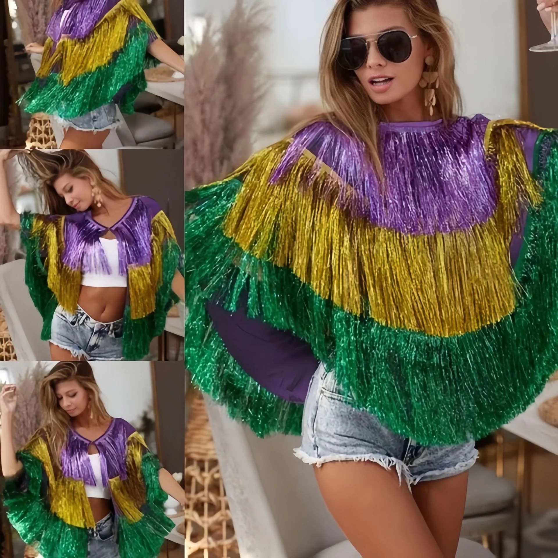 Women Mardi Gras Costume Tassel Tops Tinsel Shawl for Carnival Party - Image 2