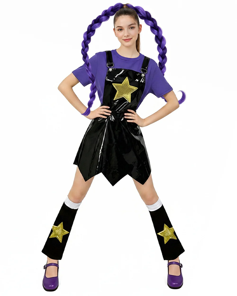 Women Purple Heart Braids Doll Costume PU Leather Dress with T-shirt and Matching Leg Sleeves for Theme Dress Up