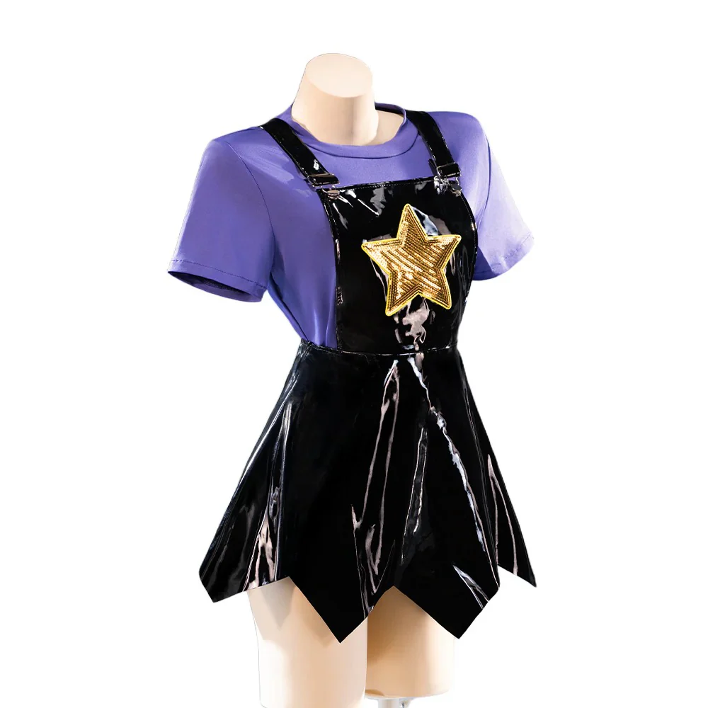 Women Purple Heart Braids Doll Costume PU Leather Dress with T-shirt and Matching Leg Sleeves for Theme Dress Up - Image 3