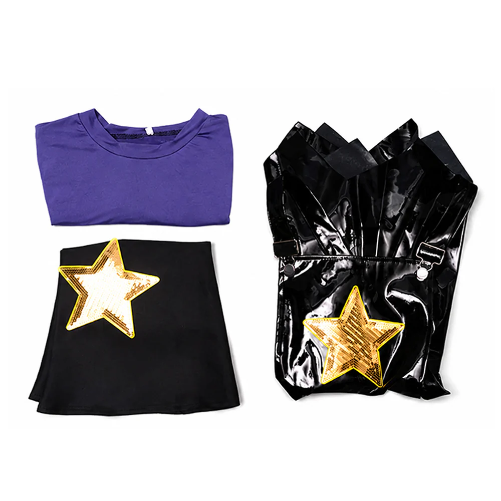 Women Purple Heart Braids Doll Costume PU Leather Dress with T-shirt and Matching Leg Sleeves for Theme Dress Up - Image 6