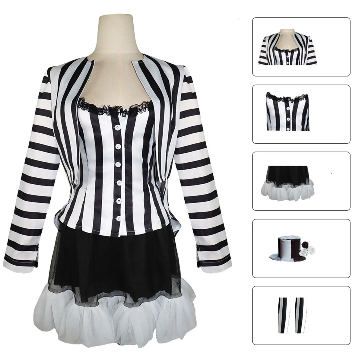 Women‘s Betelgeuse Costume Lydia Deetz Black and White Striped Suit for Halloween Carnival - Image 4