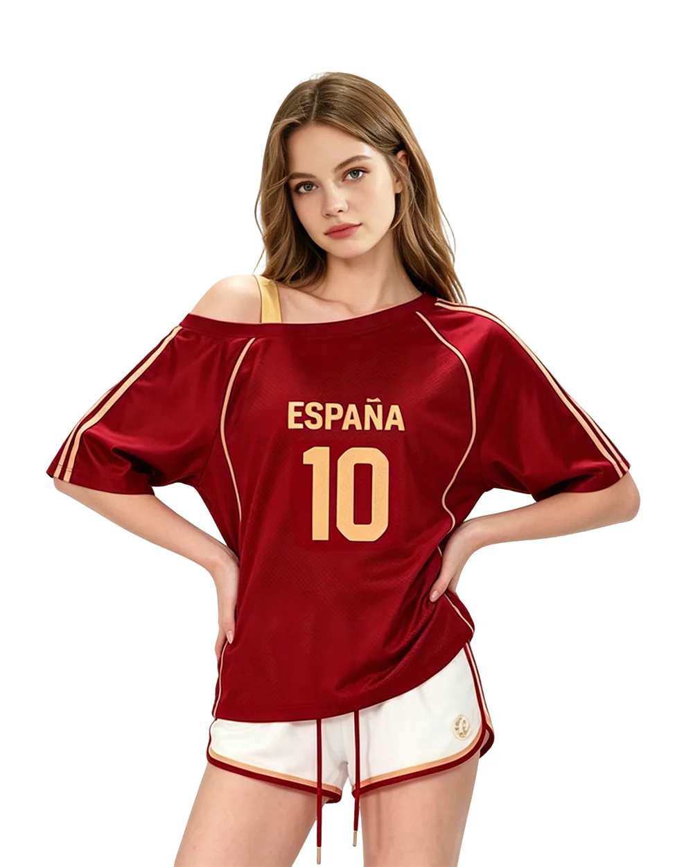 Women Spain Jersey Dark Red Off Shoulder Top for Football Game Day Sports Outfits and Streetwear - Image 11